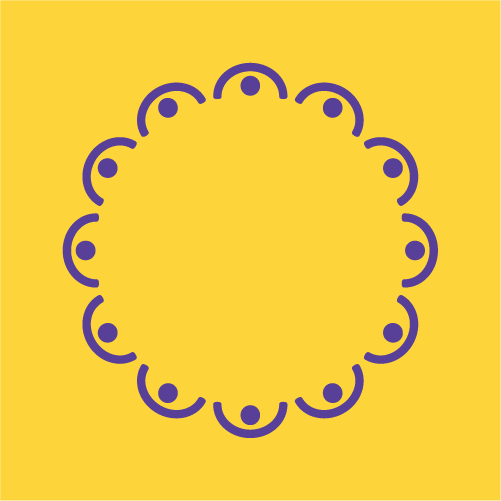 Logo przedstawiające umiejscowione na żółtym tle niebieskie półkola z kropką w środku, które ułożone są w kształt koła