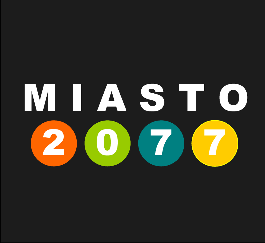 Logo zawierające napis MIASTO 2077 na czarnym tle