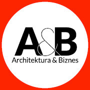 Logo zawierające czarny napis A&B Architektura & Biznes na białym kole, na czerwonym kwadracie